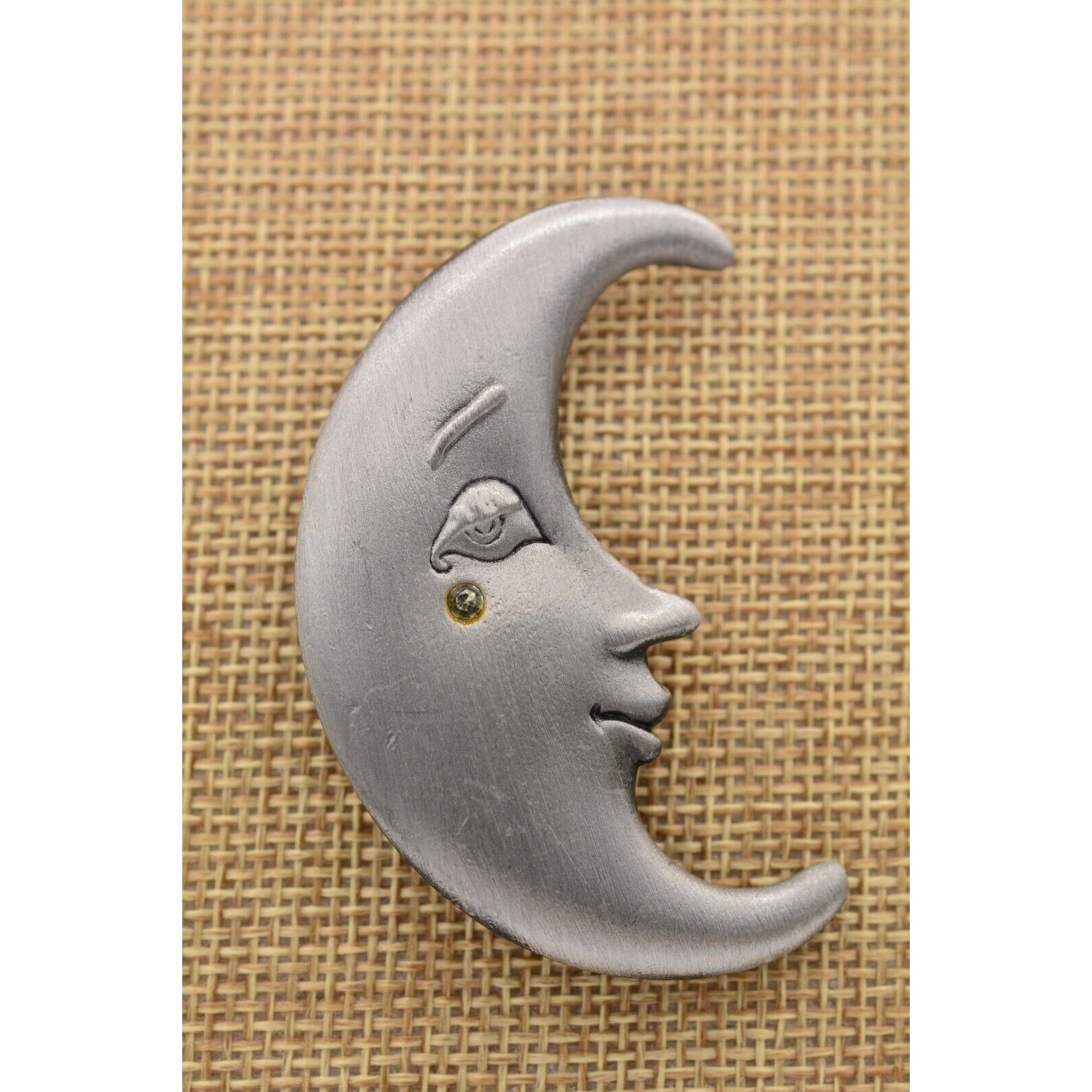 Ajc Vintage Moon Pin Brooch Pewter Face Crescent Rhinestone Nos Signed 80s Binaq 17$